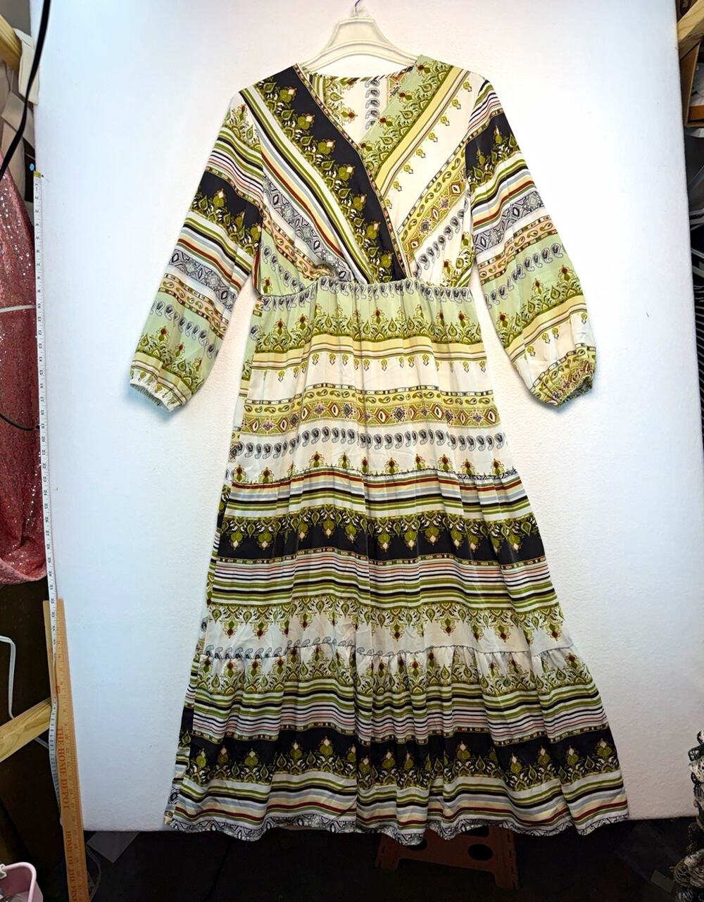 SHEIN Curve 1XL Green olive white Paisley V-Neck midi peasant feminine dress